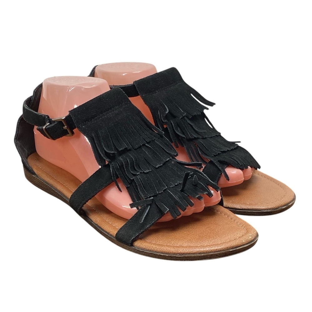 Minnetonka‎ Women's Sz 10 Fringe Black Suede Strapy Sandals